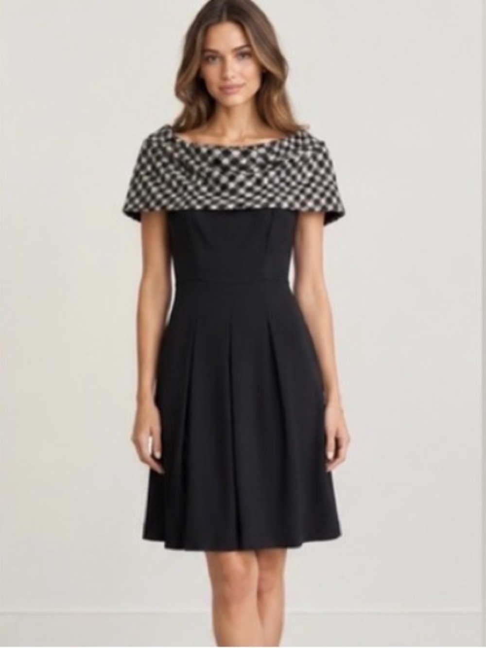 Alice + Olivia Black Fit-and-Flare Midi Dress Plaid Cape Collar Dark Academia